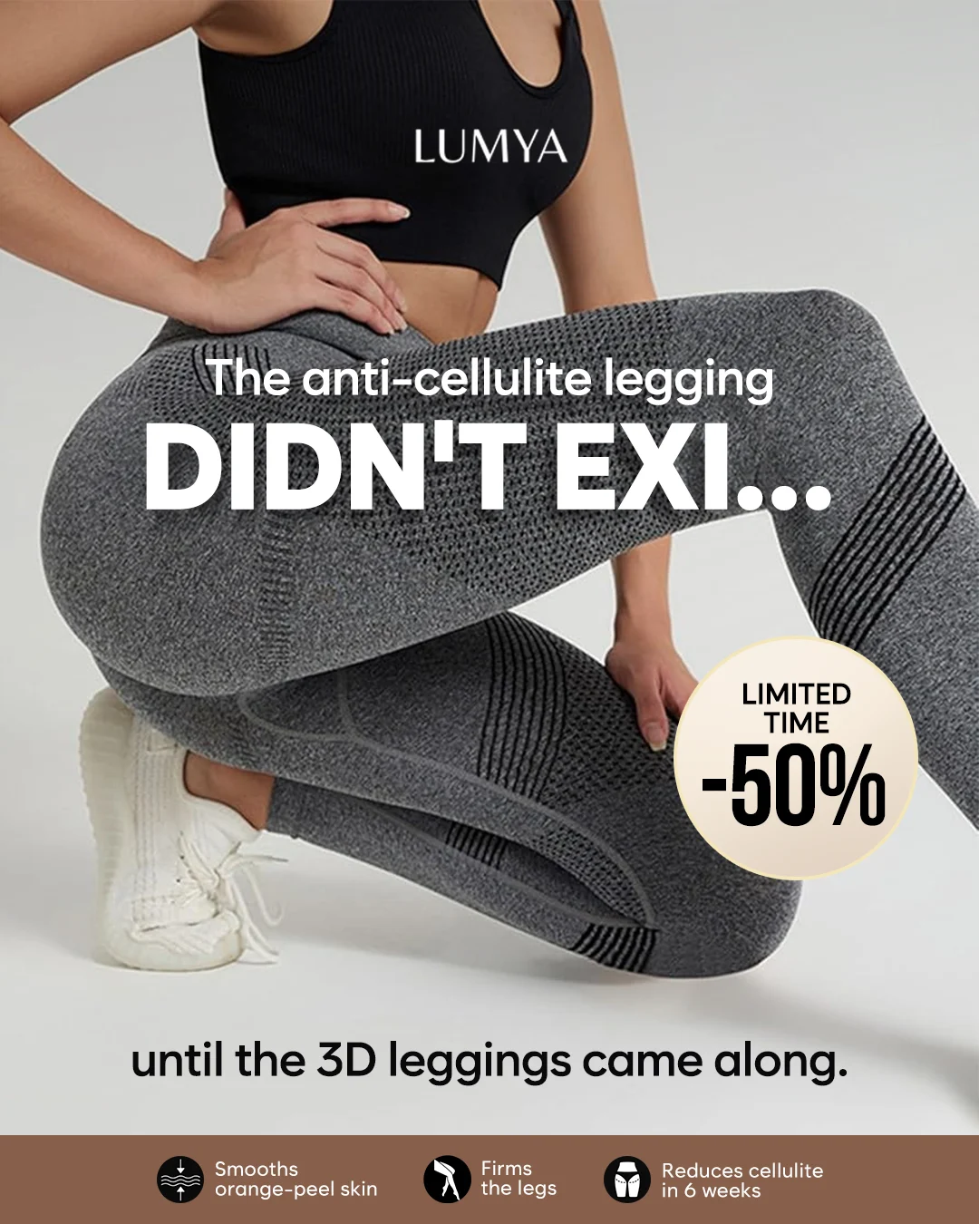 Lumya static ad creative showing anti-cellulite legging product with discount offer