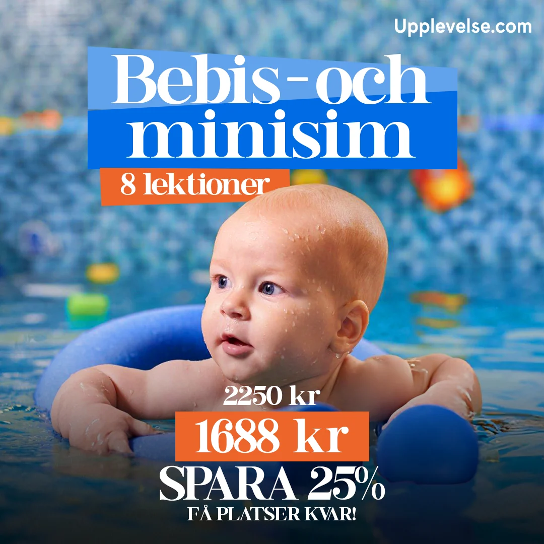 Upplevelse.com baby swimming lesson static ad - Bebis och minisim 8 lektioner with 25% discount - Swedish Meta ad by StaticMint